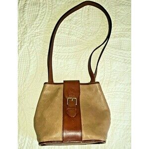 Hexagonal tan and oxblood vertical trim leather shoulder bag by Lisa Loren